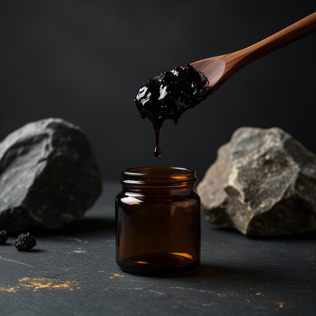 Pure Himalayan Shilajit resin dripping into an amber glass jar