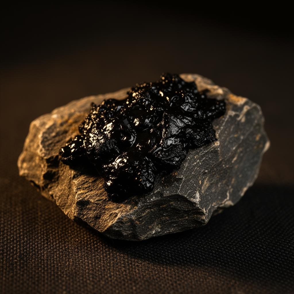 Raw Himalayan Shilajit on rock — black mineral resin